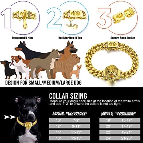 Guler cu lanț de câini cu pandantiv pentru câini bully cu cataramă sigură de 18k din aur inox