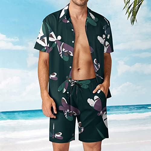 Camuflaj Dragonfly Pattern pentru bărbați din 2 piese Outfituri pe plajă Button Hawaiian în jos, cămașă cu mânecă scurtă și