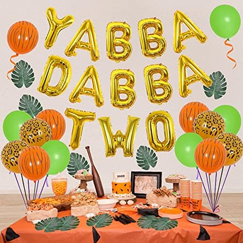 Jungle 2nd Birthday Party decoratiuni Boy-Yabba Dabba două baloane folie, Jungle balon ghirlanda cu frunze artificiale de palmier,