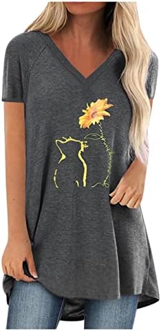 Cămașă pentru doamne cu mânecă scurtă din bumbac vneck soare pisică floare soare florală grafică kawaii casual casual pentru