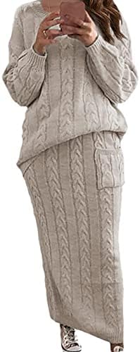 Seturi de fuste pentru doamne seturi fuste pulover casual cald 2 piese tricot de cablu de bază, fustă de iarnă de bază, seturi
