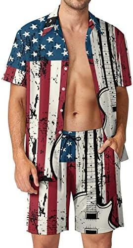 American Flag Guitar pentru bărbați din 2 piese Outfituri pe plajă Button Hawaiian în jos, cămașă cu mânecă scurtă și pantaloni