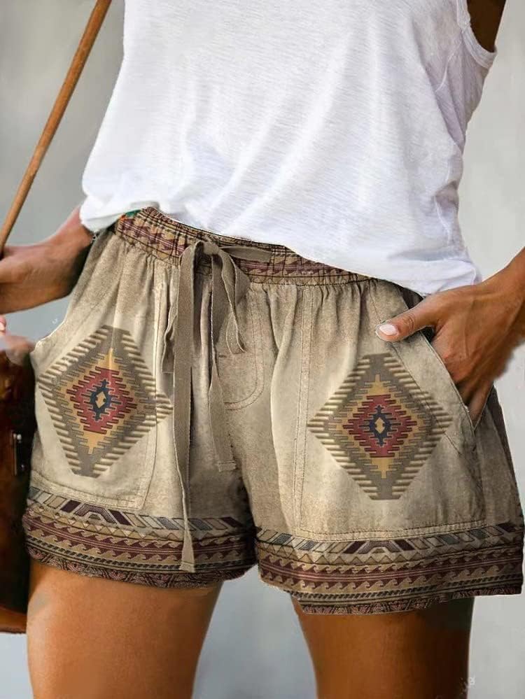 Pantaloni scurți pentru femei vara Casual Elastic talie Vest etnice geometrice imprimare pantaloni scurți Baggy Cordon Plaja