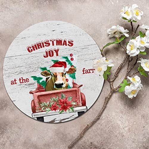 Placă rotundă de metal de metal placă de Crăciun Bucurie la fermă vacă și camion rustic ușă rustic Sign Sign Plaque Vintage