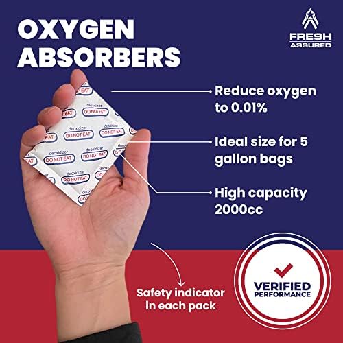 Fresh Assured / 25-Pack 5 galoane saci Mylar cu absorbanți de oxigen | 7 mil | BPA gratuit / Seturi de containere de depozitare