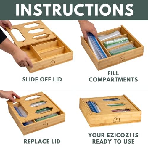 EZICOZI bucatarie sertar Organizator - durabil bambus depozitare sac organizator cu 4 compartimente pentru Ziplock galon, Snack,