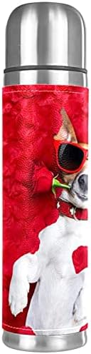 Cană izolată cu vid din oțel inoxidabil, câine cu pahare trandafiri roșii cu flori imprimeu flacără termos de apă pentru băuturi