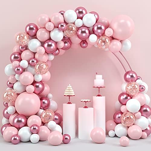 Set de ghirlande cu arc de balon roz, JOGAMS 5/12/18 baloane roz și albe cu baloane mov Confetti din aur roz pentru femeie