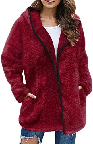 Geacă Oiumov Sherpa Femei, Femei toamnă Jachete supradimensionate cu glugă modă 2022 paltoane casual din lână de culoare solidă