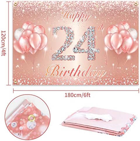 Happy 24th Birthday Banner fundal - 24 Birthday Party Decoratiuni consumabile pentru femei sau bărbați-Rose Gold 4 x 6ft
