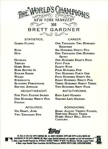 2018 Allen și Ginter 308 Brett Gardner New York Yankees Baseball Card - Gotbaseballcards