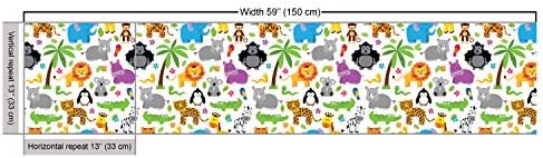 Țesătură pentru animale lunarabile lângă curte, model tematic junglă și grădină zoologică cu copaci și Animale tropicale, țesătură
