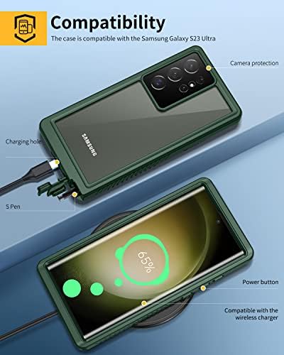 Lanhiem pentru Samsung Galaxy S23 Ultra Carcasă, IP68 Carcasă rezistentă la șocuri rezistente la apă cu protector de ecran încorporat, capac de protecție subacvatic pentru corp complet pentru Galaxy S23 Ultra 5G 6,8 inch, verde/clar