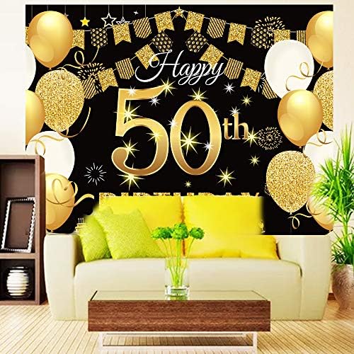 Saliyaa 7x5ft Happy 50th Birthday background, Happy Birthday Party Decoration, Black Gold Birthday Sign Poster Photo Booth Background Background Banner pentru bărbați Femei 50th Bday Anniversary Party Supplies