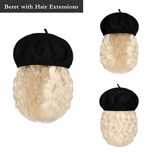 Bereta Aynnqueen cu extensii de par pentru femei pălărie cu peruca Sintetice Buclat Pervers atașat 8 inch lung Parul cret Negru