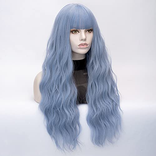 QACCF Lung Albastru peruca femei Lung Ondulat Pelucas pufos cret femei fibre sintetice realist fun Bang lumina albastru colorat