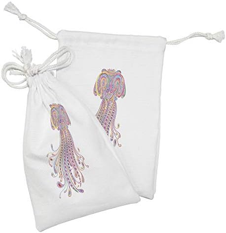 Set de 2 țesături din țesătură de meduze din 2, în stil doodle, organism colorat unic cu diferite ornamente detalii abstracte,