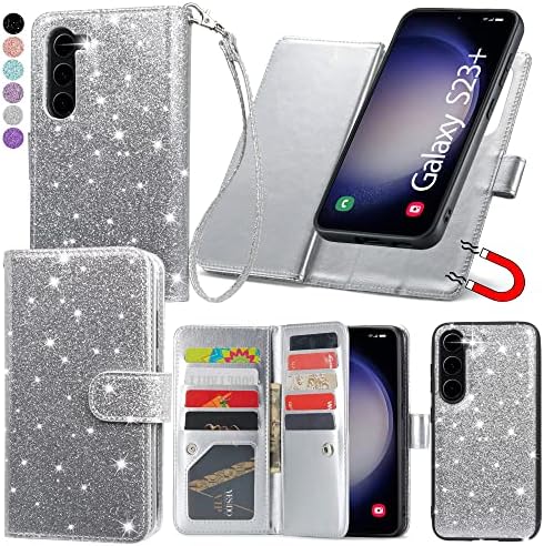 Varikke Galaxy S23 Plus Portofel de caz, S23 Plus caz pentru femei cu suport pentru Card & amp; capac detașabil Magnetic puternic & amp; curea de brățară Glitter portofel din piele caz pentru Samsung Galaxy S23 Plus / S23+, argint