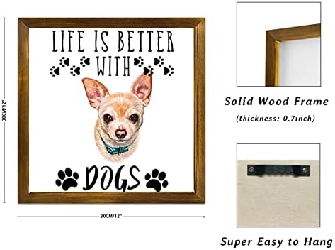 Luckluccy amuzant câine semn din lemn Viața este mai bună cu câini semn de perete dachshund câine creștin creștin de perete decor cățeluș cățeluș poze artistic agățat pentru sufragerie dormitor de bucătărie decor 12x12in