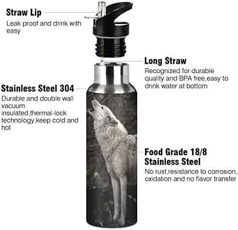 Sticlă de apă Glaphy Forest Wolf Wolf pentru copii, 32 oz sticlă cu capac de paie pentru călătorii școlare cu apă izolată din