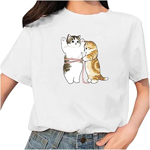 Topuri albe de vară pentru femei cămăși grafice pentru pisici drăguțe cu mânecă scurtă casual la modă la modă rotundă de gâscă liberă tricou