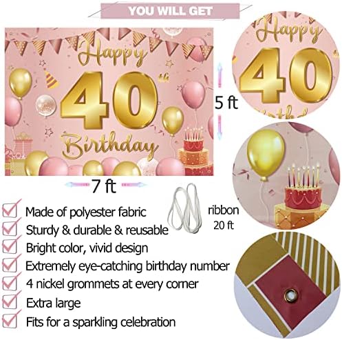 40th Birthday Decorations backdrop Banner, Happy 40th Birthday Decorations Women, 7x5ft Extra-Large Pink Rose Gold 40 de ani fotografie de naștere înapoi picătură, patruzeci de zile de naștere semn Fabric Phxey
