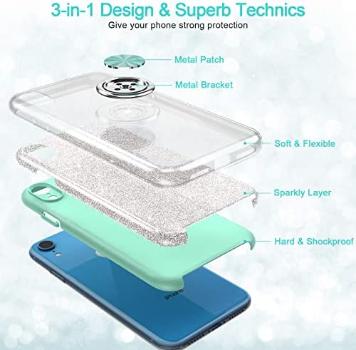Husă peetep iPhone XR, Husă ușoară sclipitoare cu sclipici cu suport pentru inel de 360 de ani Suport Magnetic pentru montare auto Husă durabilă de protecție absorbantă împotriva șocurilor pentru iPhone XR 6.1 pentru fete femei, Albastru Argintiu