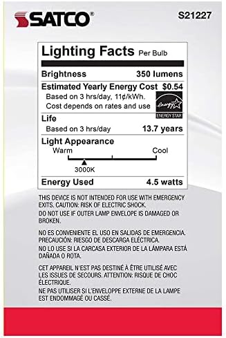 Satco S21227 / 06 Becuri LED E26 de 4,5 wați, 3000k, evaluare de 15000 de ore, reglabile, pachet de 6