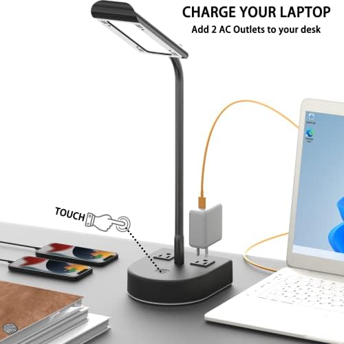 Control tactil, lampă de birou cu LED cu 2 porturi de încărcare USB și 2 prize de curent alternativ, lampă de masă pliabilă