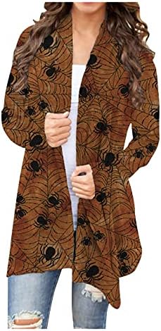 Beuu Cat și dovleac Cardigan - Plus Dimensiune deschis față Vrac se potrivi mijlocul lungime Cardigan Halloween Animal Kimono pentru femei elegant Casual Tomb schelet Zip up Hoodie femei Zip up Hoodie Fleece