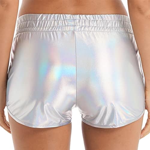 Xunzoo pentru femei cu talie elastică pentru femei Buzunare metalice pantaloni scurți de yoga strălucitori Pantaloni fierbinți
