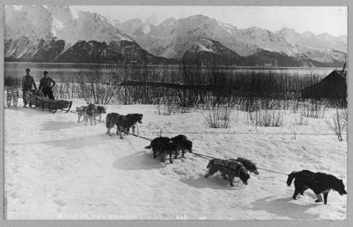 HistoricalFindings Foto: Echipa de câini, Huskies, bărbați în pantofi de zăpadă, munți, lac, Alaska, AK, 1900-1930, sanie
