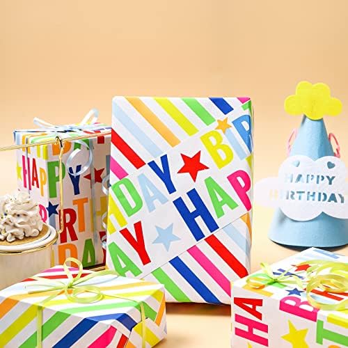 LeZakaa reversibile ziua de nastere ambalaj hârtie Jumbo Roll - Happy Birthday litere & amp; Stripe-24 inch x 100 picioare