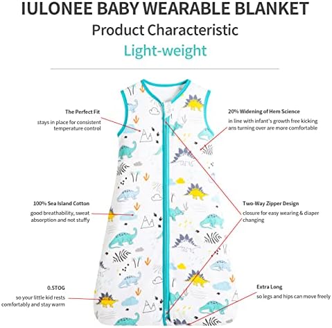 Iulonee Baby Sleep Sack, pătură purtabilă pentru sugari, respirabil ușor, fără mâneci moale, cu fermoar, cu fermoar, tranziție