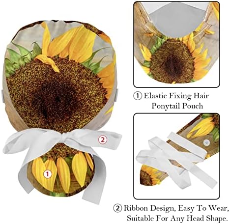 2 PC -uri Asistente medicale Caps pentru femei părul lung, floarea soarelui galben plantă de flori capac de lucru reglabil cu buton și bandă de transpirație