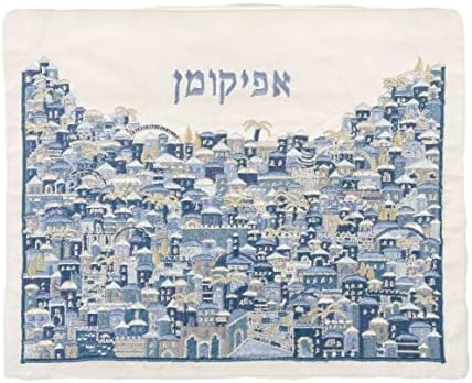 HOUSEOFGAFNI PASOVER MATZAH COVER ȘI AFIKOMEN BAG SET SILK CAW CAW Full Brodered Blue Jerusalim Design realizat pentru vacanța