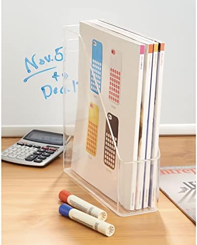 mDesign plastic Slim Vertical File Folder depozitare Organizator Bin cu mâner - Hold Notebook-uri, lianți, Plicuri, reviste pentru birou acasă, desktop-uri de lucru, Ligne Collection, 2 Pack, Clear