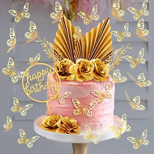 52 buc flori Toppers pentru tort bile de aur pentru decoratiuni tort Boho tort Topper flori fluture decoratiuni aur tort Topper