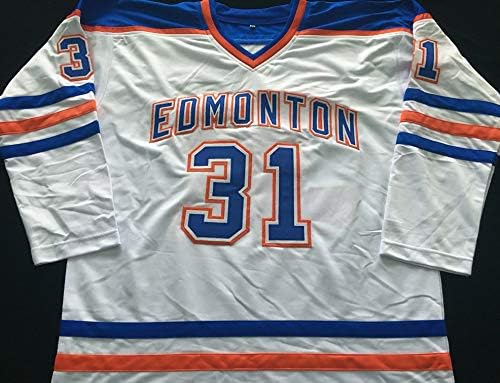 Grant Fuhr semnat tricou alb de hochei alb cu Beckett Coa - Edmonton Oilers Great - Size XL
