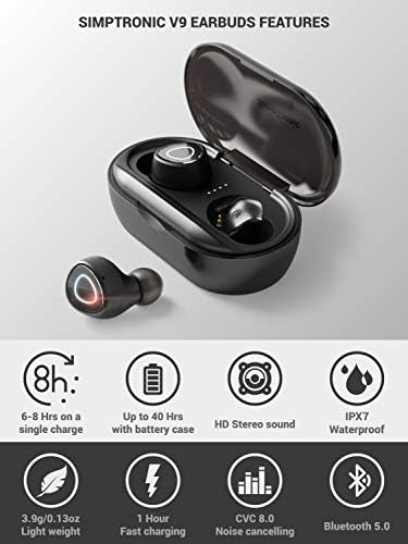 Simptronic Tech True Wireless Earbuds Bluetooth 5.0 Căști In-Ear TWS Mini Citografie pentru Sport Extra Bass Stereo Căști HD Sound IPX7 Zgomot impermeabil Anularea microfonului 44-50 ore de joacă negru