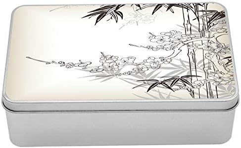 Cutie de staniu asiatic lunarabil, lucrare de artă japoneză în stil tradițional de design în stil bambus sakura arbore sakura, cutia portabilă dreptunghi metal cu capac, 7,2 x 4,7 x 2,2 , bronz alb