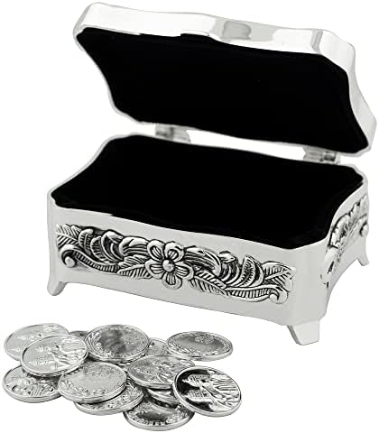 Las Arras Matrimoniales | Token -uri de nuntă | Monede de unitate | Frumoasă cutie decorativă cu ton argintiu | Tradiția tradițională a nunții catolice spaniole | Include 13 monede din tonuri de argint metalice
