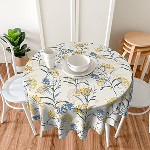 Față de masă florală rotundă 60 Inch flori galbene ramuri albastre pânză de masă lavabilă rezistentă la scurgeri fără riduri