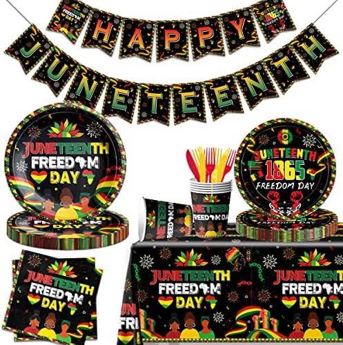142 de bucăți Juneteenth Party Supplies - Afro -American Freedom Day Decorațiuni tematice de masă includ farfurii de hârtie