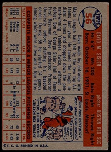 1957 Topps 56 Dave Sisler Boston Red Sox VG Red Sox