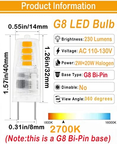Lamsky G8 LED bec 2W, G8 bec cu Halogen 20W echivalent, 2700K alb cald Non-Dimmable, AC 120V T4 JCD Tip G8 Bi-Pin becul de