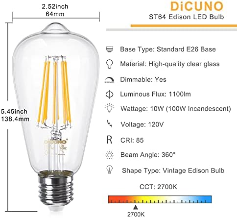 Bec DiCUNO ST64 Edison Dimmable, becuri cu Filament LED Vintage, alb cald 2700K, 10W , 1100 lumeni, 120V, E26 iluminare Retro