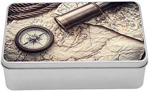 Cutie metalică Amensonne Compass, fotografie de epocă tematică maritimă cu instrumente nostalgice hartă veche spyglass și sextant, container de staniu dreptunghiular multifuncțional cu capac, 7,2 x 4,7 x 2,2 , Taupe bej