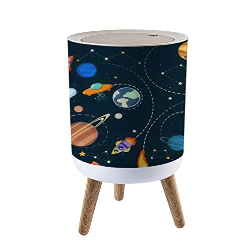 Cakojv188 Coșul de gunoi rotund cu presă Spațiu de capac Temă Sistem solar pentru copii Cartoon Planet Seamless Rocket Ufo