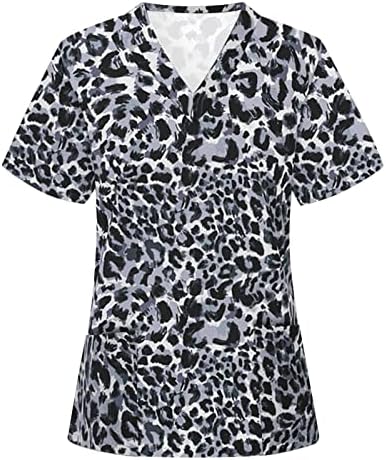 Bluze pentru femei pentru lucru Casual Leopard Print mânecă scurtă V gât buzunar confortabil confortabil zilnic de bază Tricouri Scrub Topuri